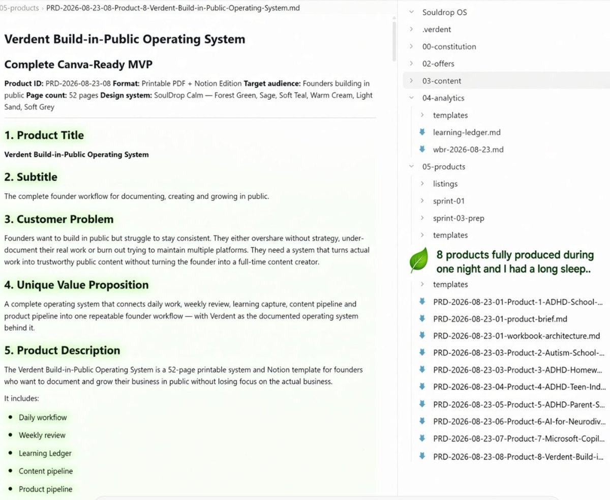 Screenshot of 8 completed SoulDrop OS product files, generated overnight by Verdent